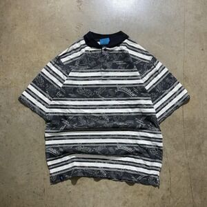 Vintage World Polo Shirt Mens Medium Gray Stripe Logo Authentic Collection 90s